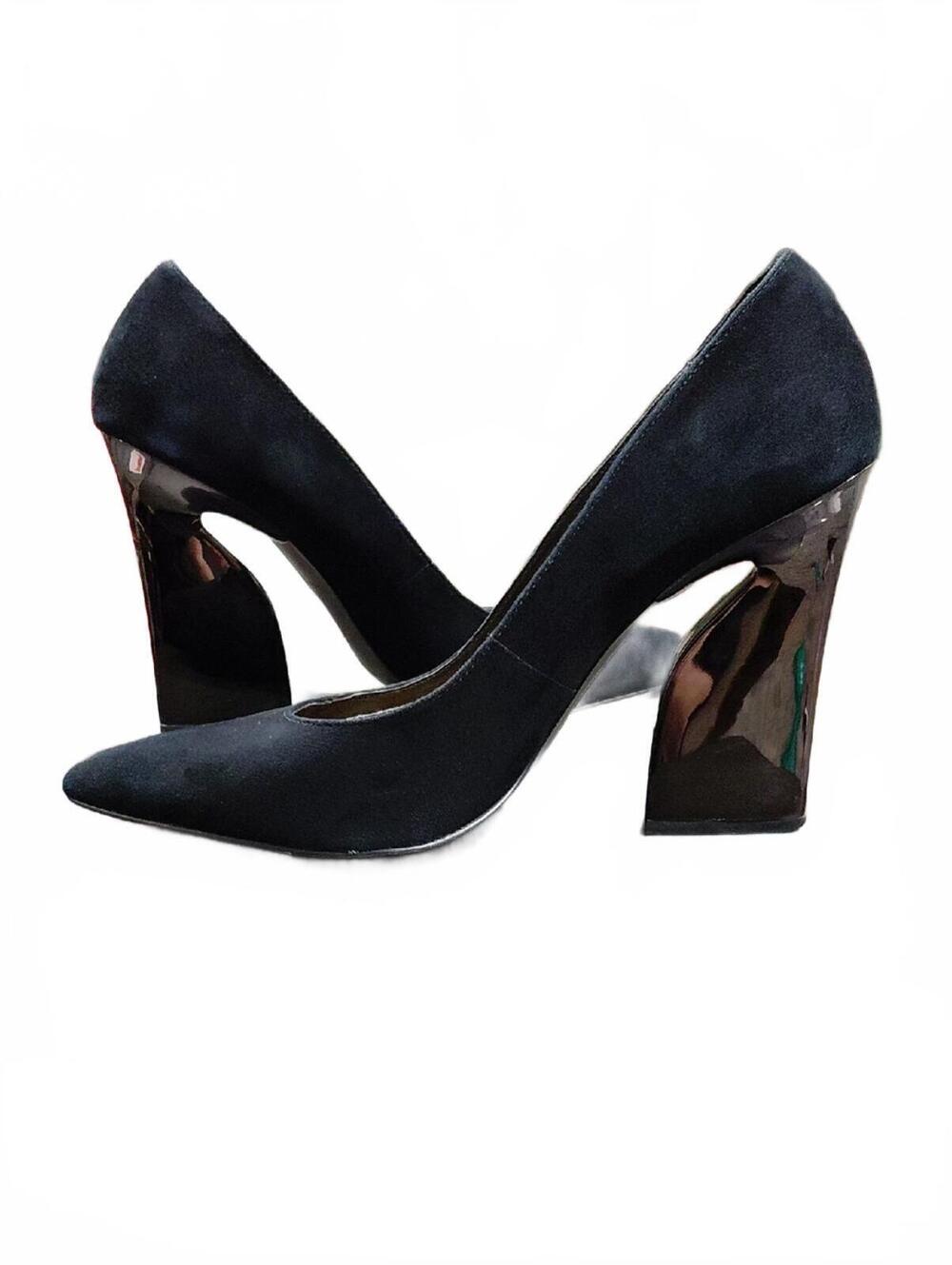 "H by Halston" Sz. 9.5, "Valentina" Black Suede, Mahogany Block Heel Pumps,